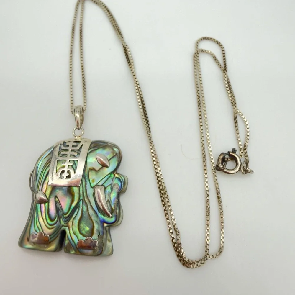Vtg Abalone Shell Sterling Silver Necklace Elephant Chinese Good Luck Pendant